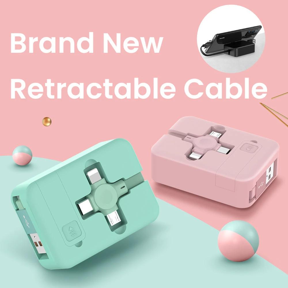 4 In 1 Retractable USB Cable Creative Macaron Type C Micro Cable For I Phone With Phone Stand Charging Data Cable Line Storage Box MANDOTOS