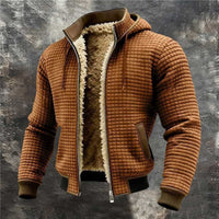 Mens brown quilted hooded jacket with faux shearling lining and zip front