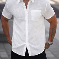 Men's white short-sleeve cotton shirt with chest pocket by Ancient Energy