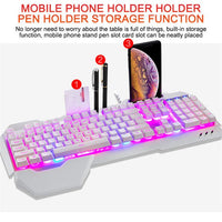 Gaming wired mechanical keyboard with RGB LED backlight; white chassis and built-in phone stand with pen holder