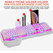 Gaming wired mechanical keyboard with RGB LED backlight; white chassis and built-in phone stand with pen holder