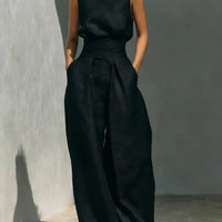 Women’s Cotton Linen Two-Piece Set – Sleeveless Top & Wide-Leg Pants