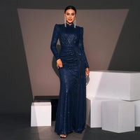 Long Sleeve Round Neck Sexy Slim Long Sequined Banquet Dress MANDOTOS