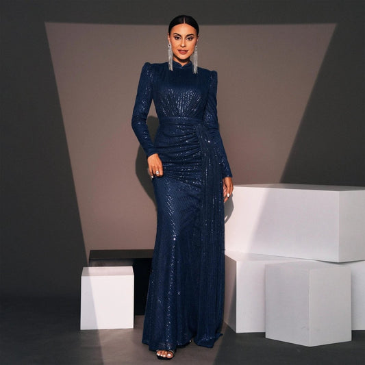 Long Sleeve Round Neck Sexy Slim Long Sequined Banquet Dress MANDOTOS
