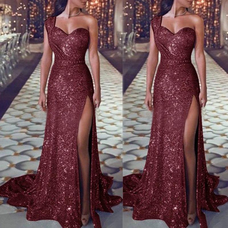 Women's Clothing One-shoulder Sleeveless Bronzing Split Dress MANDOTOS