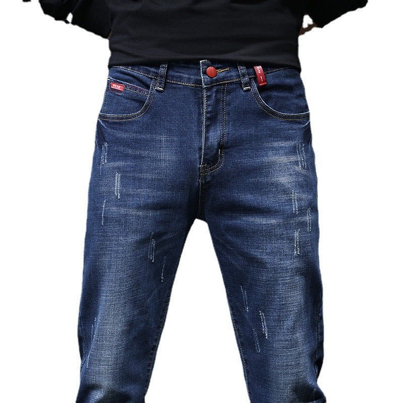 Men's ripped denim jeans with cat-whisker scratches, blue denim, Ancient Energy brand