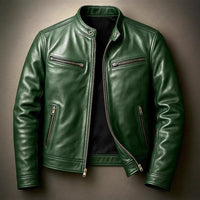 Mens PU leather motorcycle jacket with stand-up collar in green