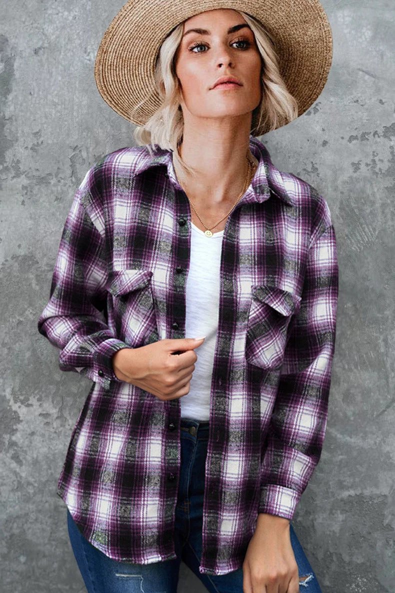 Plaid Shirt Women Spring Mid - length Loose Blouse Turndown Collar Shirt Clothing - MANDOTOS INTERNATIONAL0