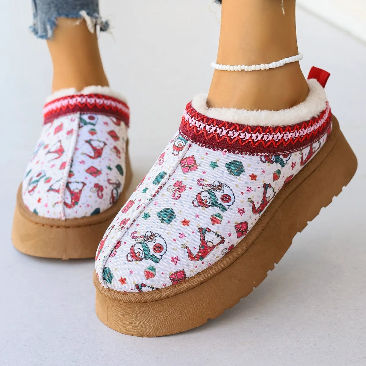 Mandotos Christmas Cartoon Print Plush Lined Slip On Navy Ankle Boots For Women Indoor Home Shoes - MANDOTOS