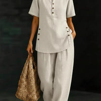 Three-Quarter Sleeve Shirt & Wide-Leg Pants Two-Piece Set – Solid Color Casual