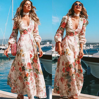 Elegant Deep V Print Dress - European Style