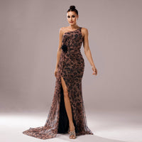One-shoulder Diagonal Collar Leopard Sequined Evening Dress MANDOTOS