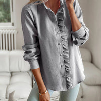 Striped Long Sleeve Shirt Fashion Ruffle Design Button Up Tops Casual Office Blouse Elegant Commuting Women's Clothing - MANDOTOS INTERNATIONAL0