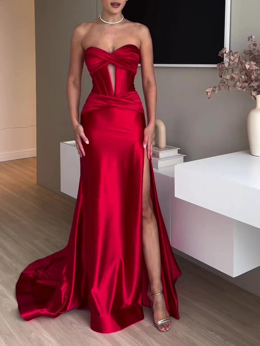 Tube Top Slit Red Extra Long Evening Dress MANDOTOS