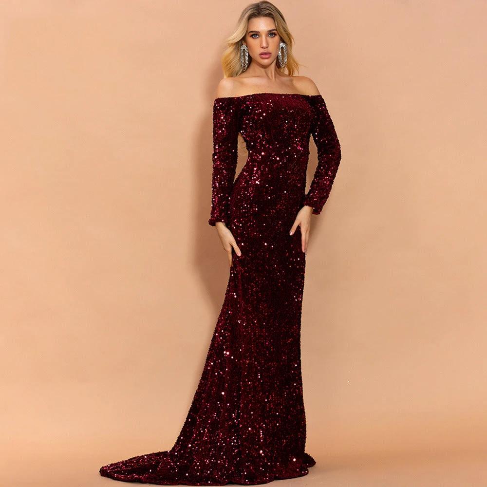 Sexy Strapless Long Sleeve Sequins Party Evening Dress MANDOTOS