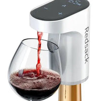 Smart wine pourer by MANDOTOS INTERNATIONAL; white device with digital controls pours red wine into a glass.