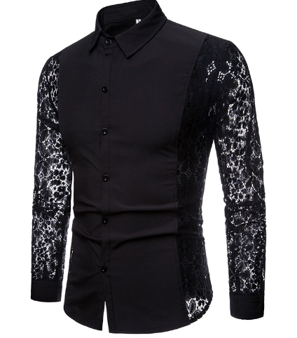 Men's Classic Black Lace-Collar Shirt