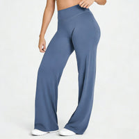Women's blue straight-leg yoga pants with a high waistband
