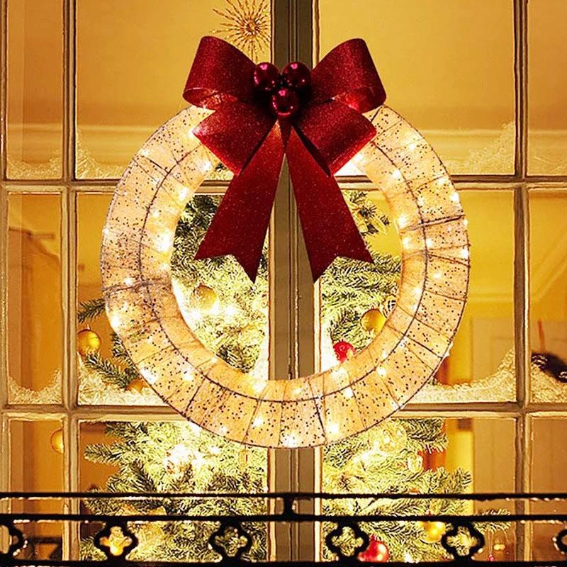 Mandotos Christmas Wreath 50cm Luminous LED Metal Garland Bowknot Front Door Hanging - MANDOTOS