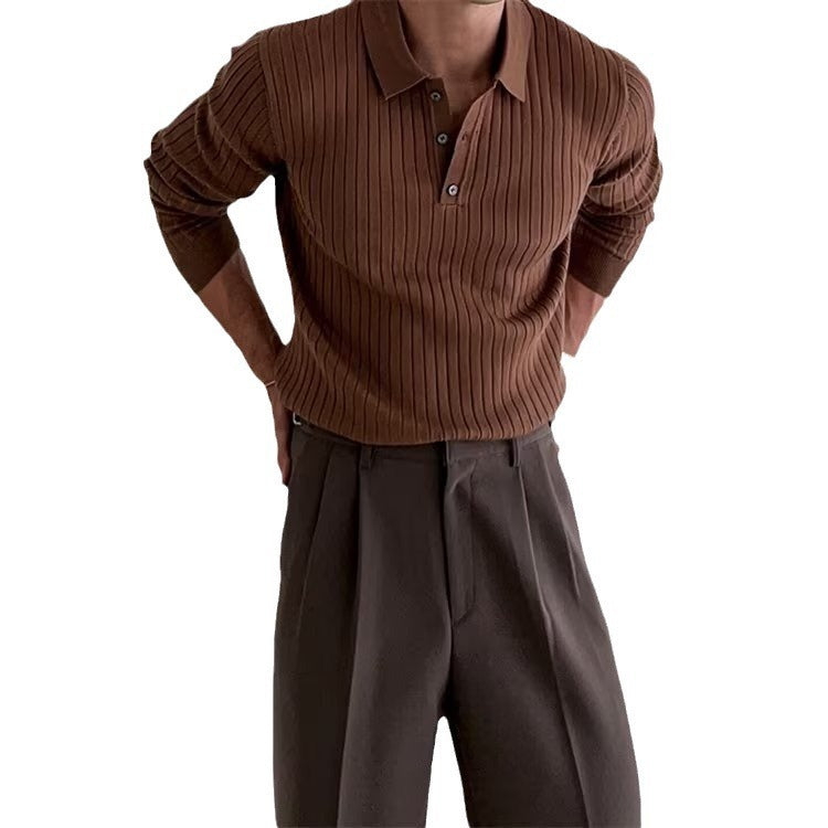 Lapel Button Long Sleeve Polo Shirt Slim Fashion Solid Striped Knitted Bottoming Shirt Top Men's Clothing - MANDOTOS