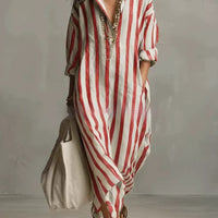 Striped Lapel Collar Dress – Side Slits & Pockets