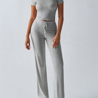 Crew Neck Short Sleeve Top & Full-Length Pants Set – Solid Color, 10 Colors