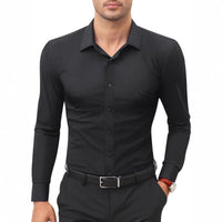 Men's slim-fit black solid-color work shirt with button-front and long sleeves