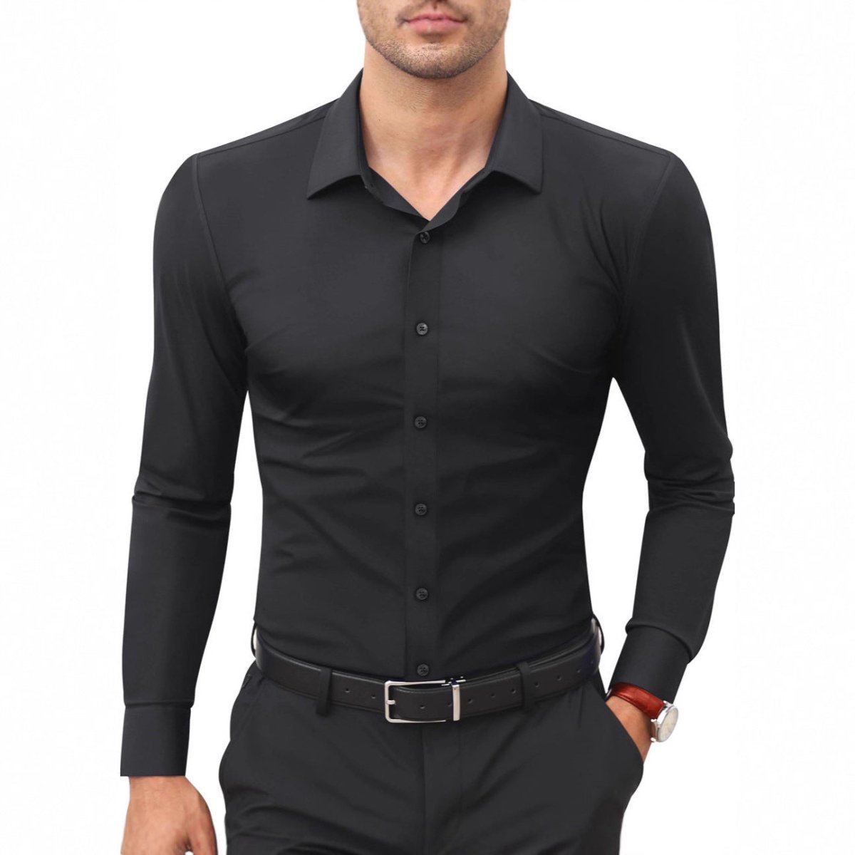 Men's slim-fit black solid-color work shirt with button-front and long sleeves