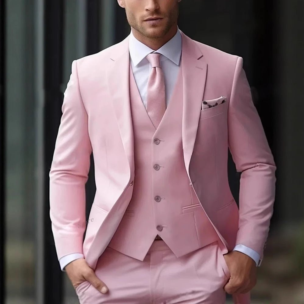 Mens Slim-Fit Light Luxury 3-Piece Pink Suit with vest and pocket square by Ancient Energy