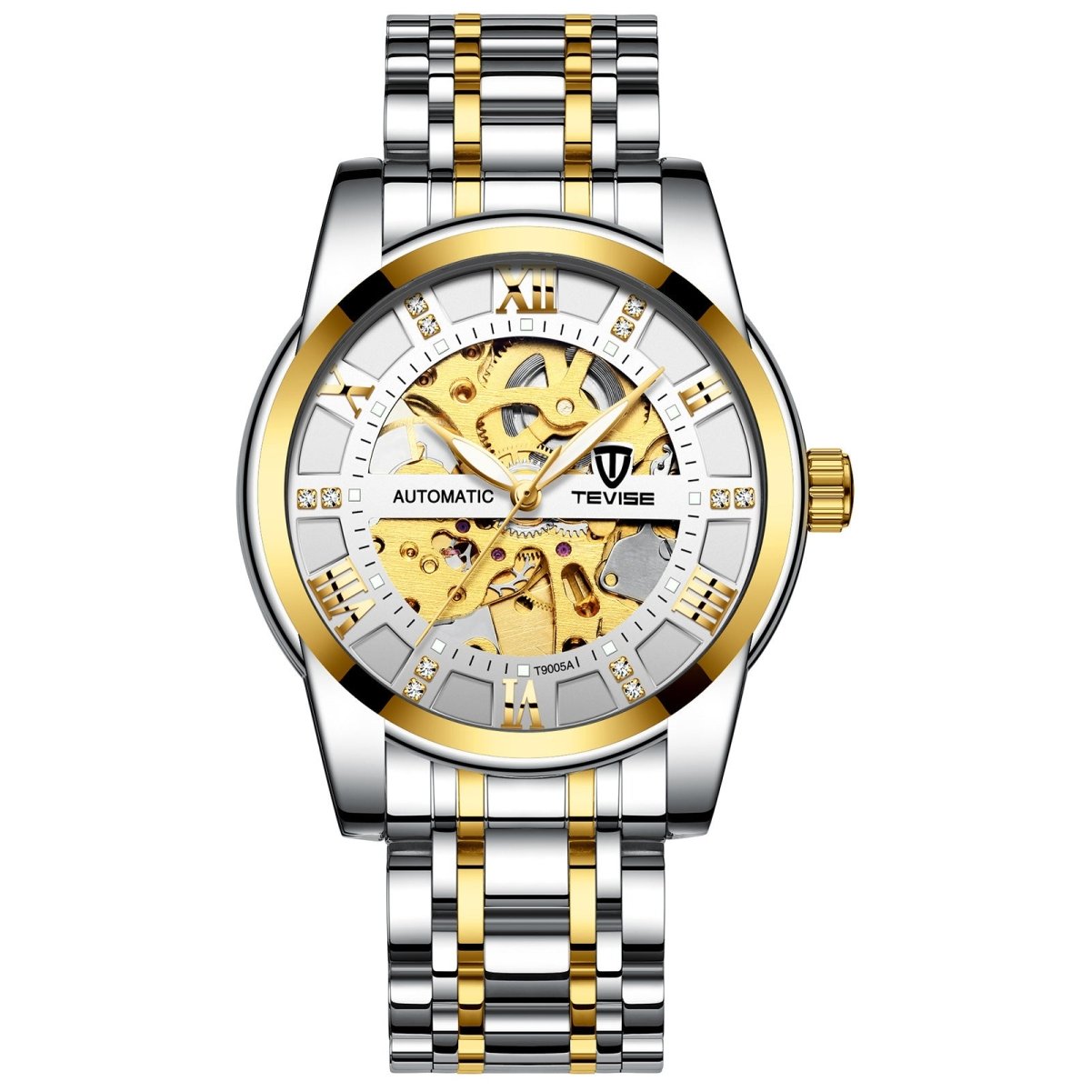 Mechanical skeleton watch with a two-tone gold and silver hollowed-out steel bracelet TEVISE automatic