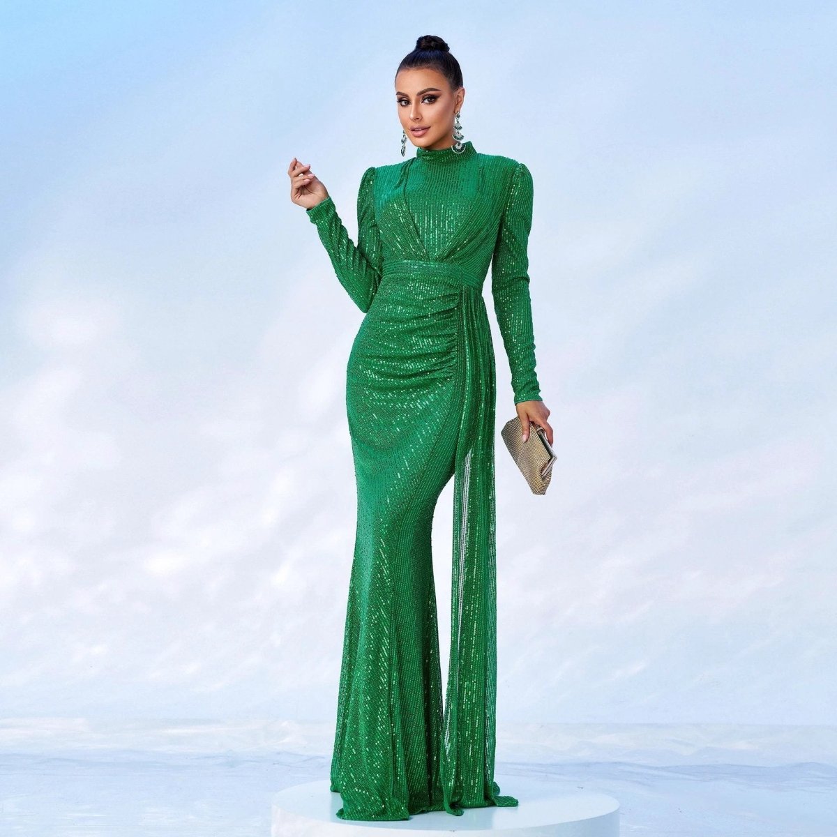 Long Sleeve Round Neck Sexy Slim Long Sequined Banquet Dress MANDOTOS