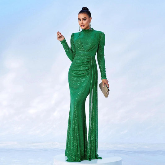 Long Sleeve Round Neck Sexy Slim Long Sequined Banquet Dress MANDOTOS
