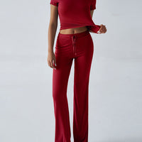 Crew Neck Short Sleeve Top & Full-Length Pants Set – Solid Color, 10 Colors