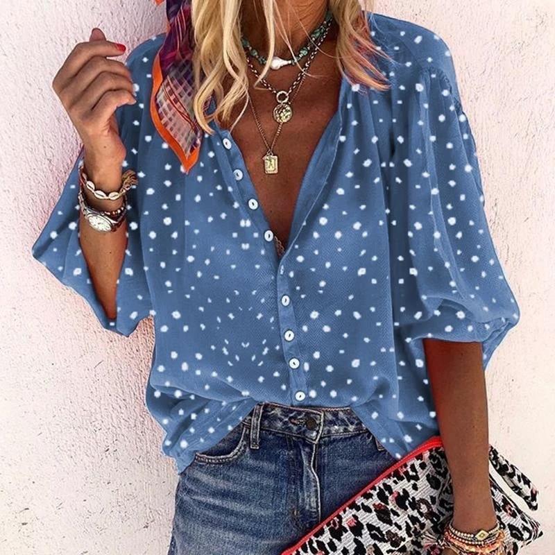 Printed Long Sleeve V - neck Button Ladies Blouse Women - MANDOTOS INTERNATIONAL0