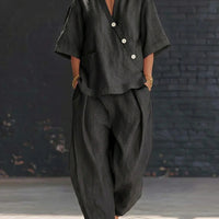 V-Neck Short Sleeve Top & High-Waist Trousers Two-Piece Set