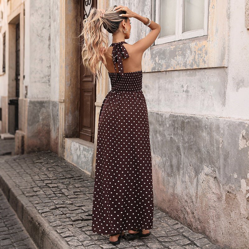 Dress: brown polka-dot halter-neck long backless dress for women, vintage-inspired