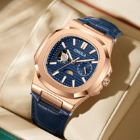 ONOLA mechanical watch with blue sun-moon dial, rose-gold case, and blue leather strap