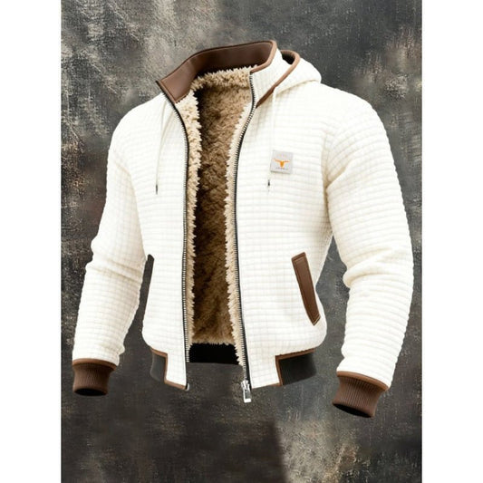 A Jacket That Flatters Your Mens Plaid Hoodie, Ancient Energy white quilted jacket with tan shearling lining.