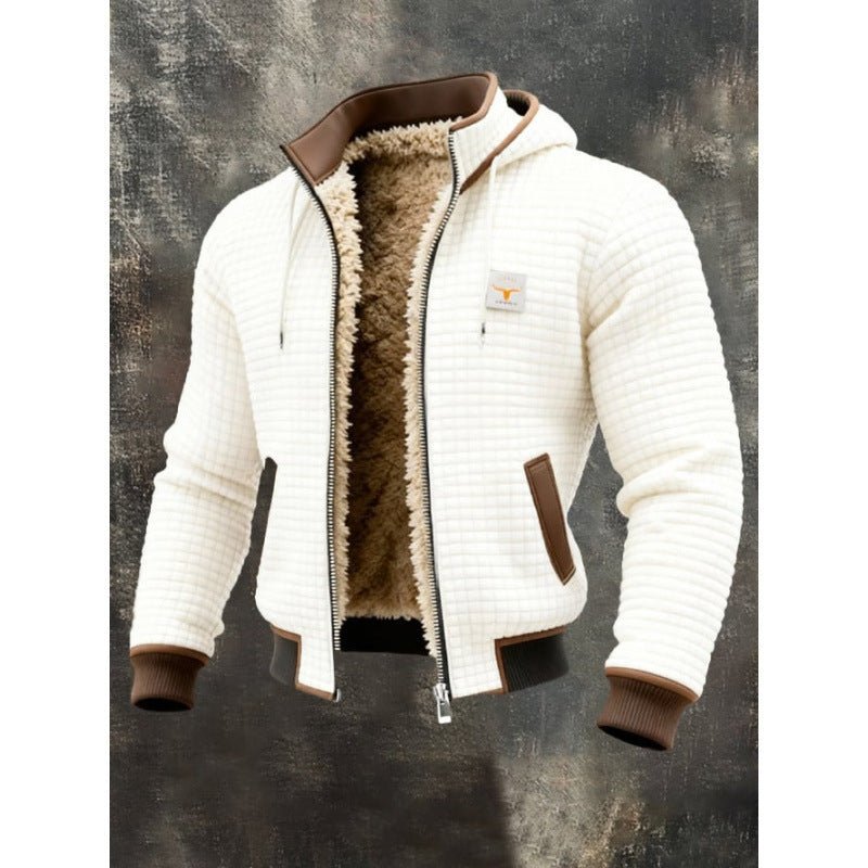 A Jacket That Flatters Your Mens Plaid Hoodie, Ancient Energy white quilted jacket with tan shearling lining.