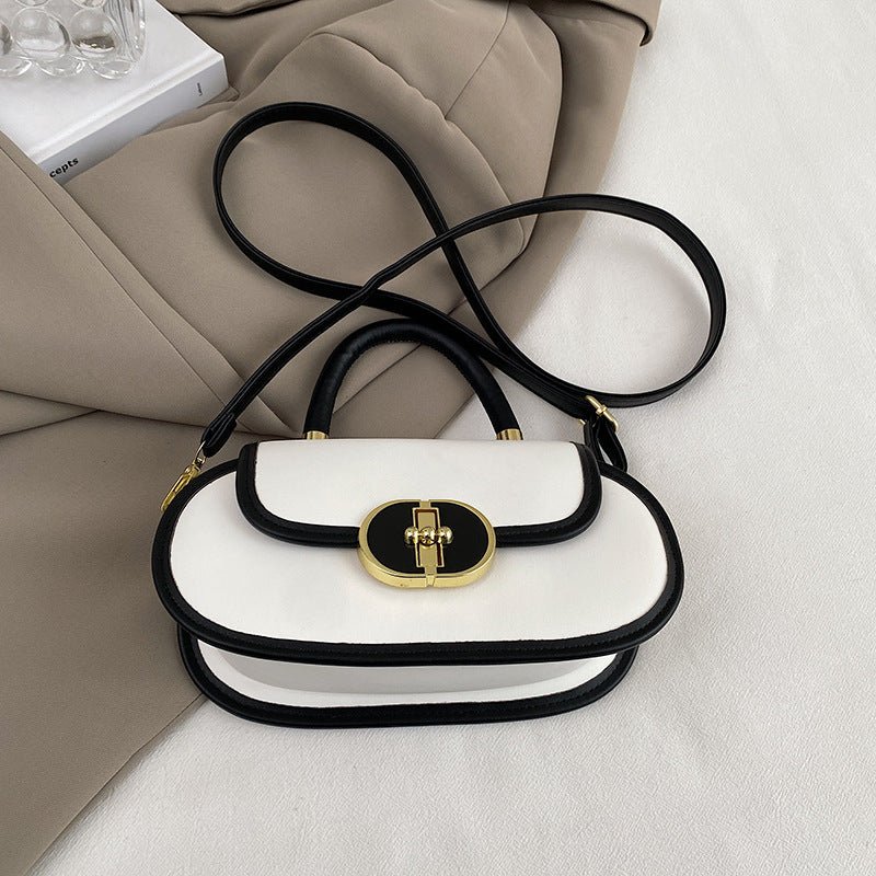 Premium Retro Matte Tote Bag Autumn Crossbody Mini Round Bag by Ancient Energy, white with black trim and gold hardware.