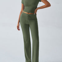 Crew Neck Short Sleeve Top & Full-Length Pants Set – Solid Color, 10 Colors