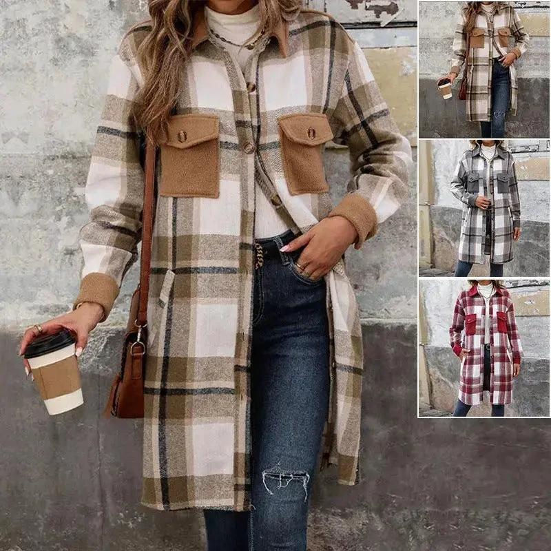 Brushed Plaid Long Coat with Pockets - Women's Winter Jacket - MANDOTOS
