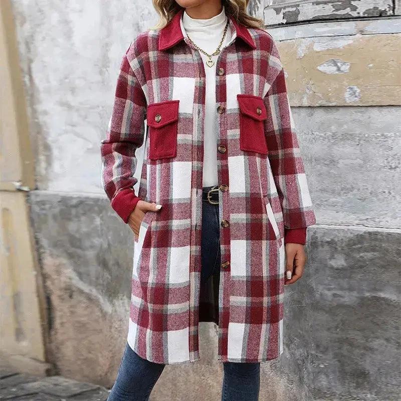 Brushed Plaid Long Coat with Pockets - Women's Winter Jacket - MANDOTOS
