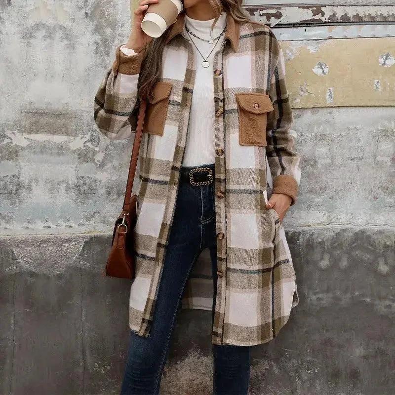 Brushed Plaid Long Coat with Pockets - Women's Winter Jacket - MANDOTOS