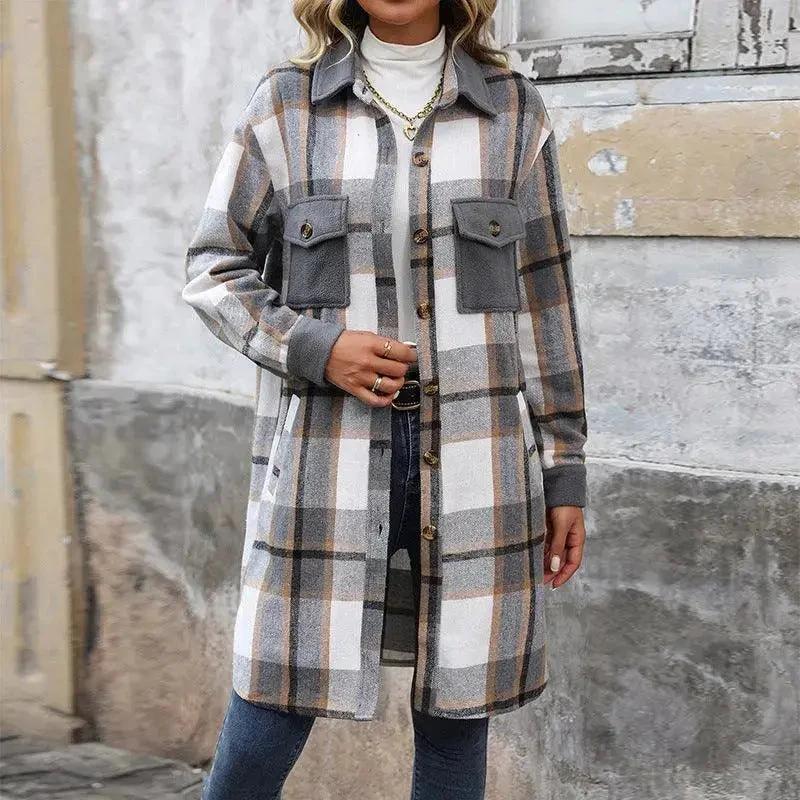 Brushed Plaid Long Coat with Pockets - Women's Winter Jacket - MANDOTOS