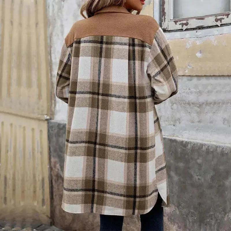 Brushed Plaid Long Coat with Pockets - Women's Winter Jacket - MANDOTOS