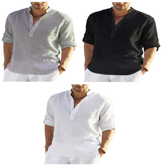 "Men's Casual Cotton Linen Solid Color Long Sleeve Shirt Loose Stand Collar - MANDOTOS"