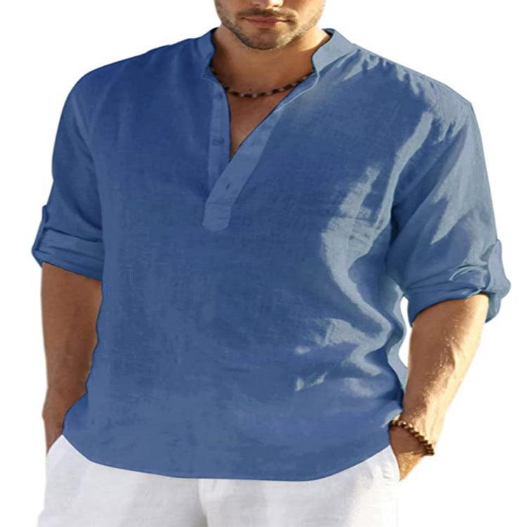 "Men's Casual Cotton Linen Solid Color Long Sleeve Shirt Loose Stand Collar - MANDOTOS"