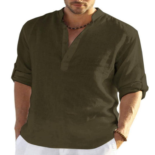 "Men's Casual Cotton Linen Solid Color Long Sleeve Shirt Loose Stand Collar - MANDOTOS"