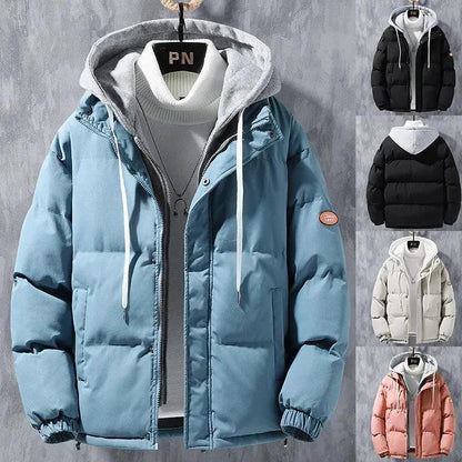 Fashion Hooded Jacket Men Winter Windproof Thickened Fake Two-piece Coat Solid Leisure Sports Cotton Jacket - MANDOTOS
